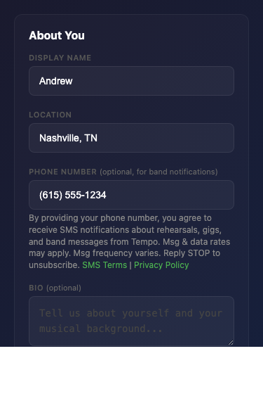 Screenshot of Tempo profile settings showing SMS consent disclosure below the phone number input field